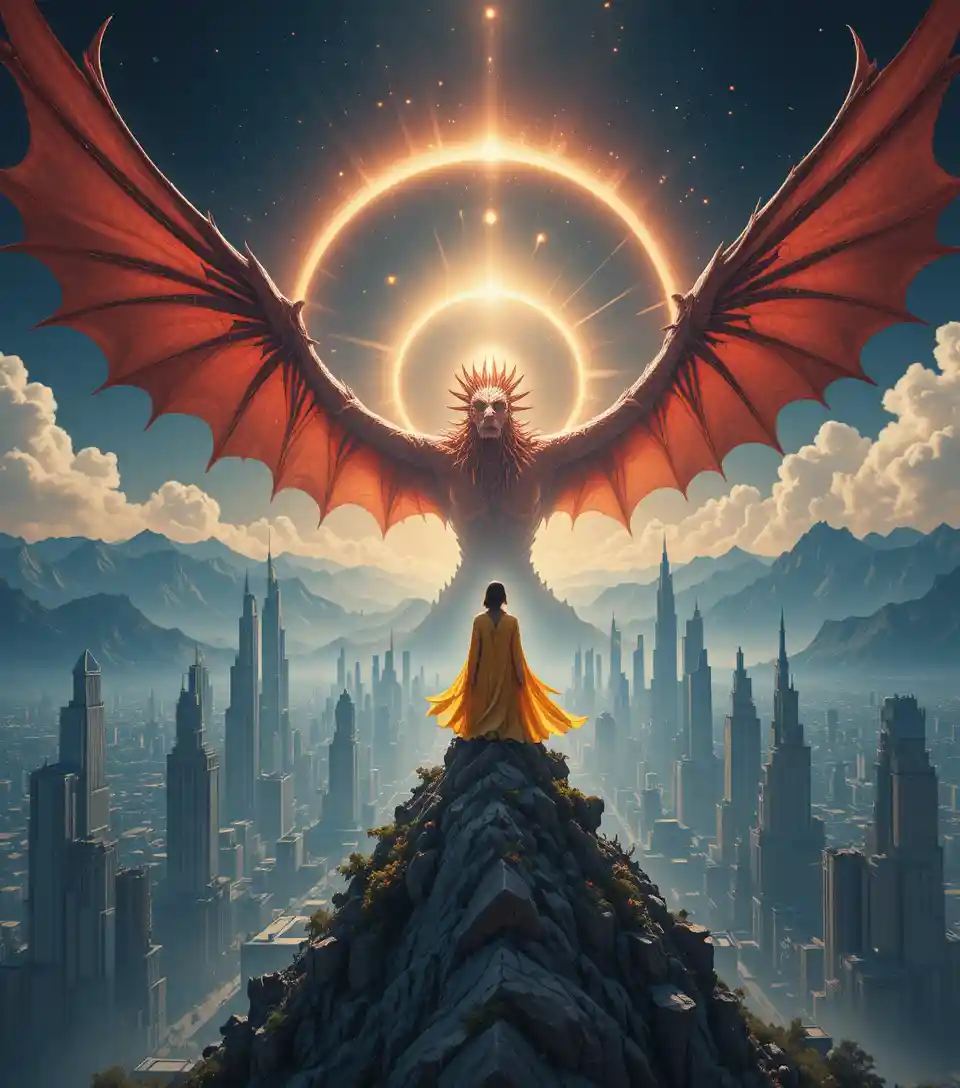 Crimson dragon over a glowing woman above a future city