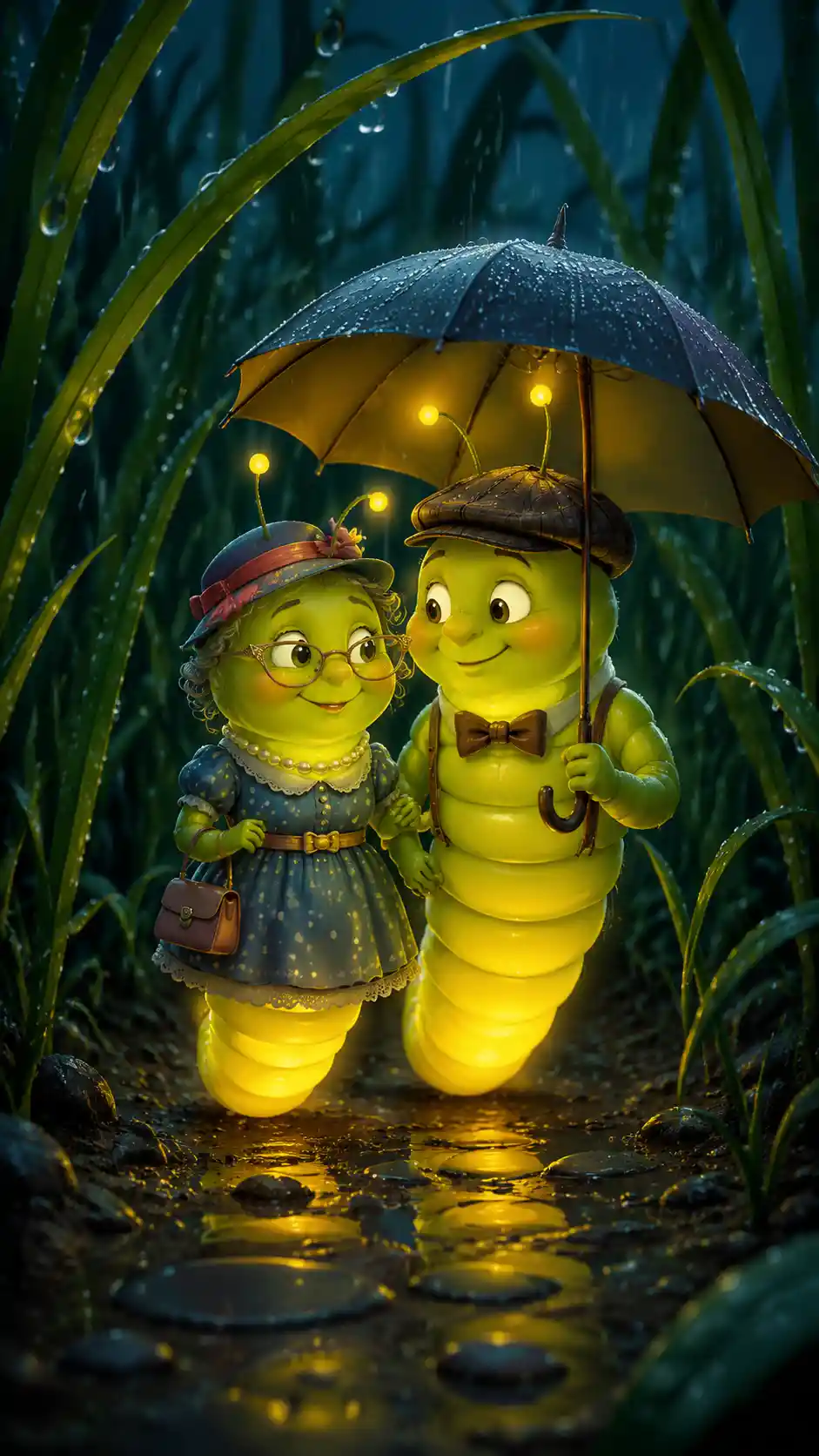 Glowing insect couple walking through towering grass stems