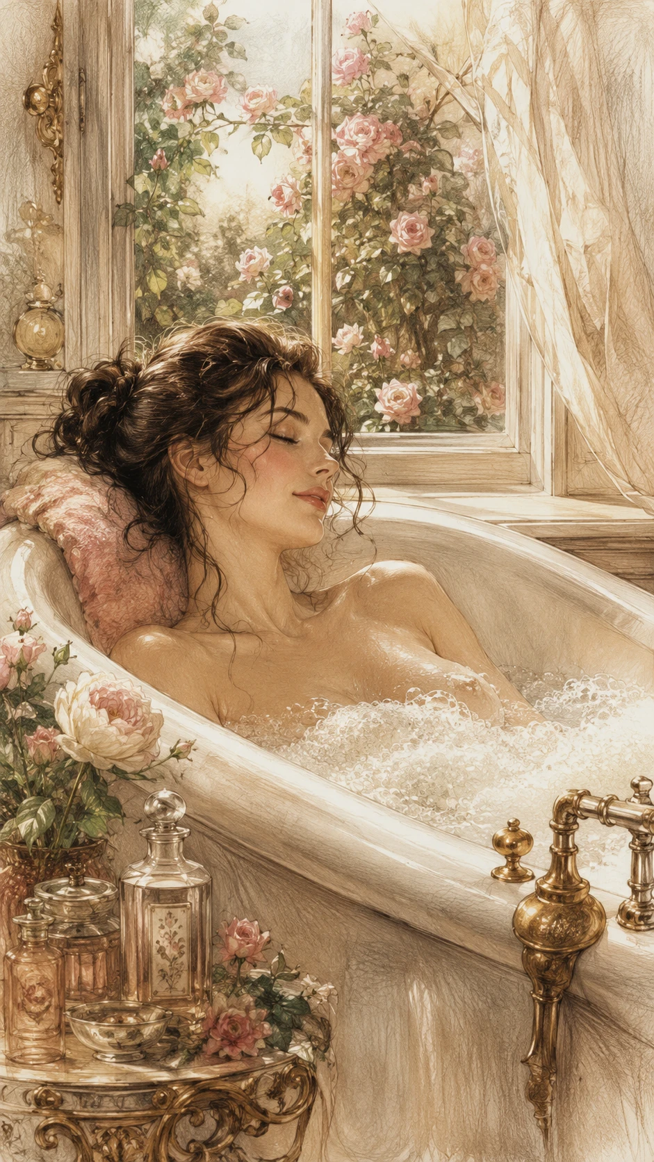 Close up of a woman relaxing in a nostalgic bathtub
