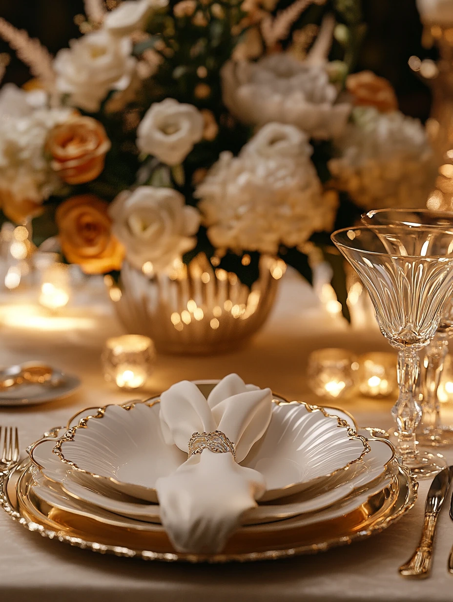 Luxurious dining table with fine china and crystal accents