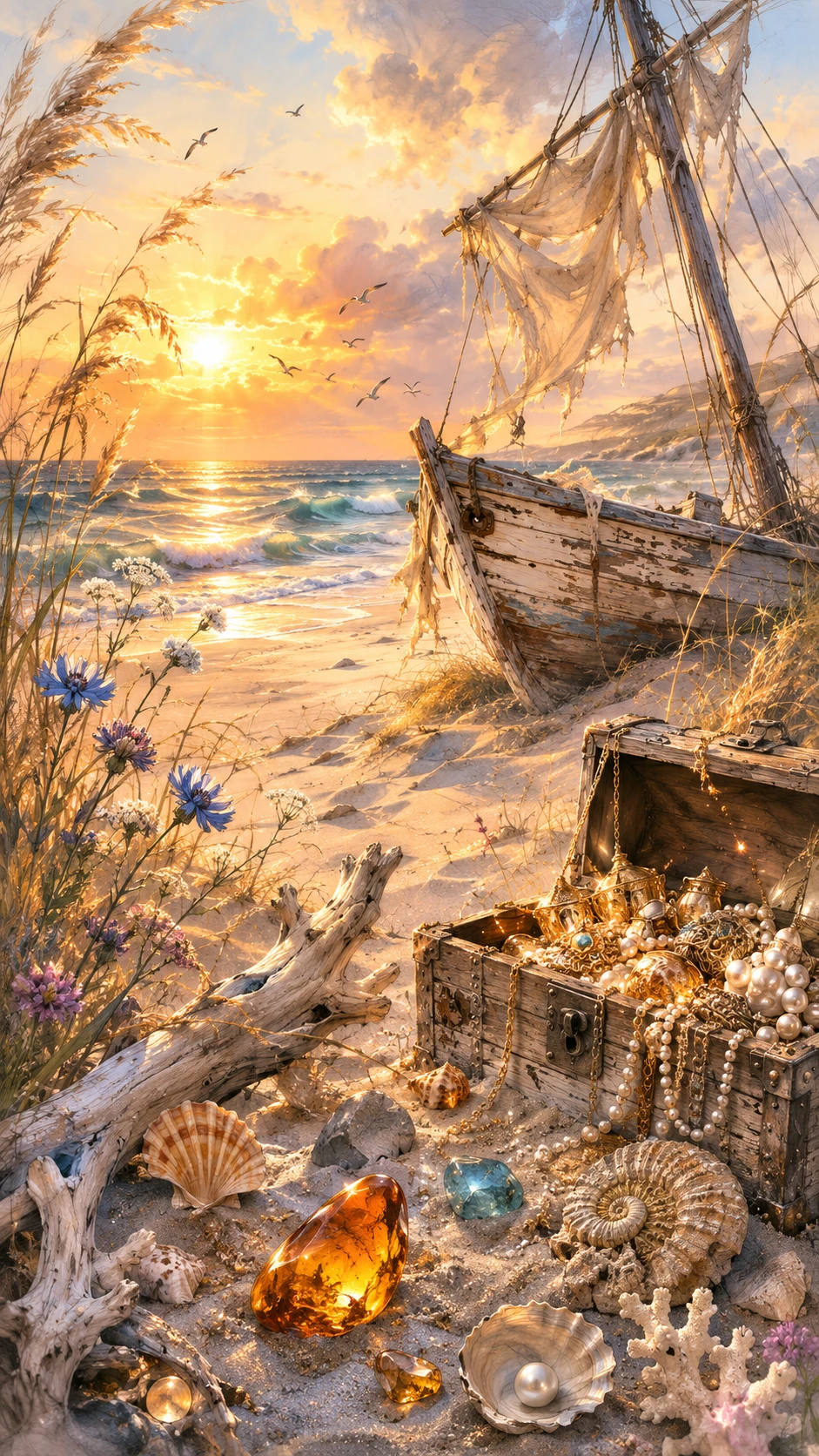 Leuchtende goldene und blaue Schatztruhe am Strand