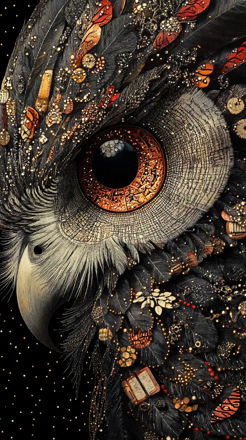 Owl Emerging From Darkness With Libraries In Its Feathers