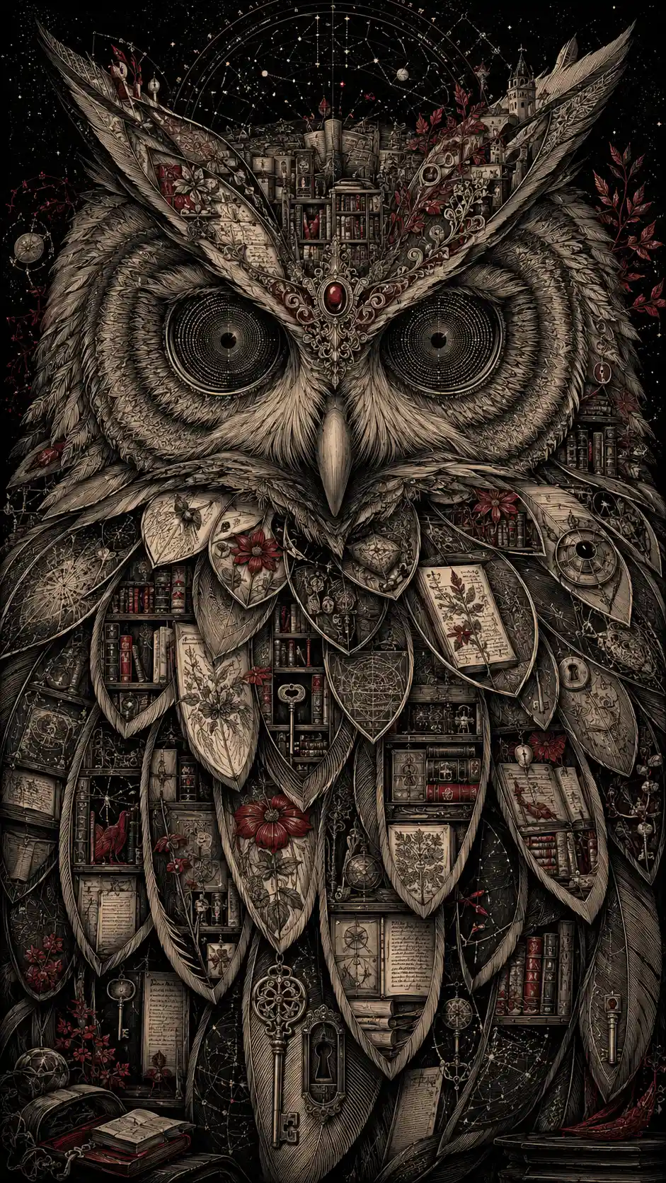 Owl Emerging From Darkness With Libraries In Its Feathers