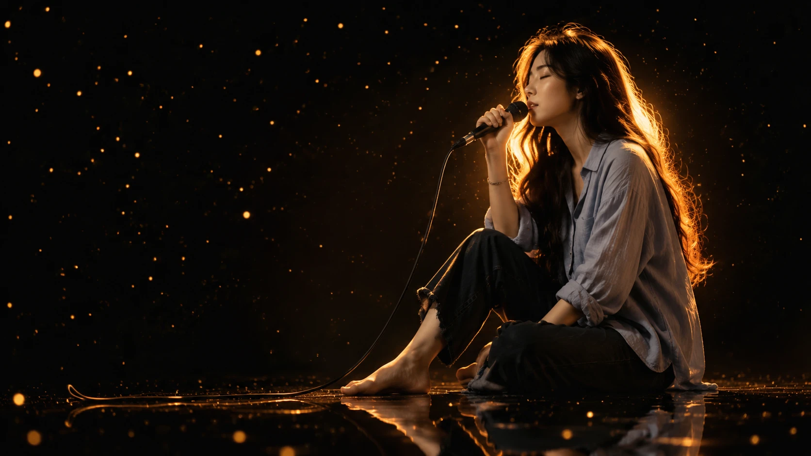 Young woman singing alone on a dark reflective floor