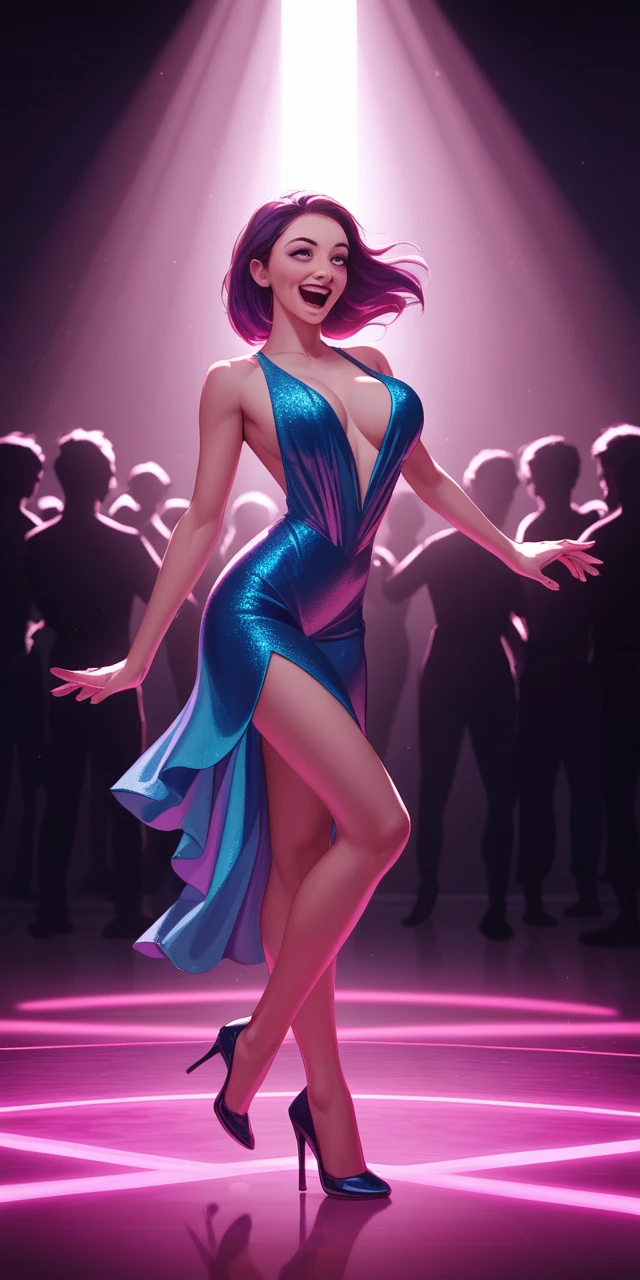 Donna sorridente che balla in una discoteca elegante e affollata