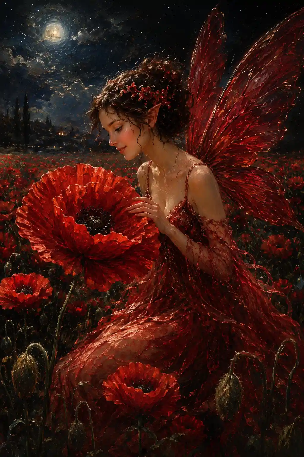 Fairy In Red Beside A Single Blooming Poppy At Night