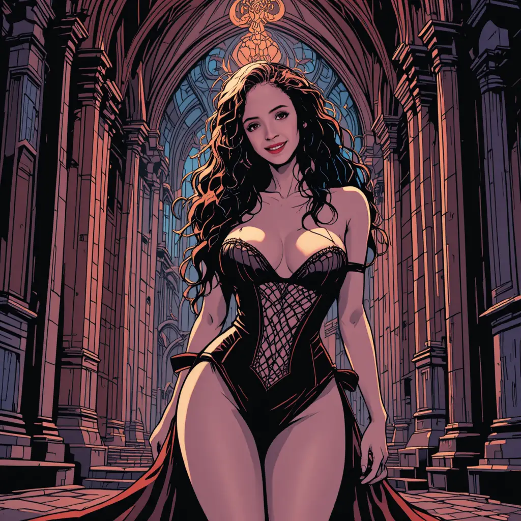 Gothic princess in lingerie posing inside a grand cathedral