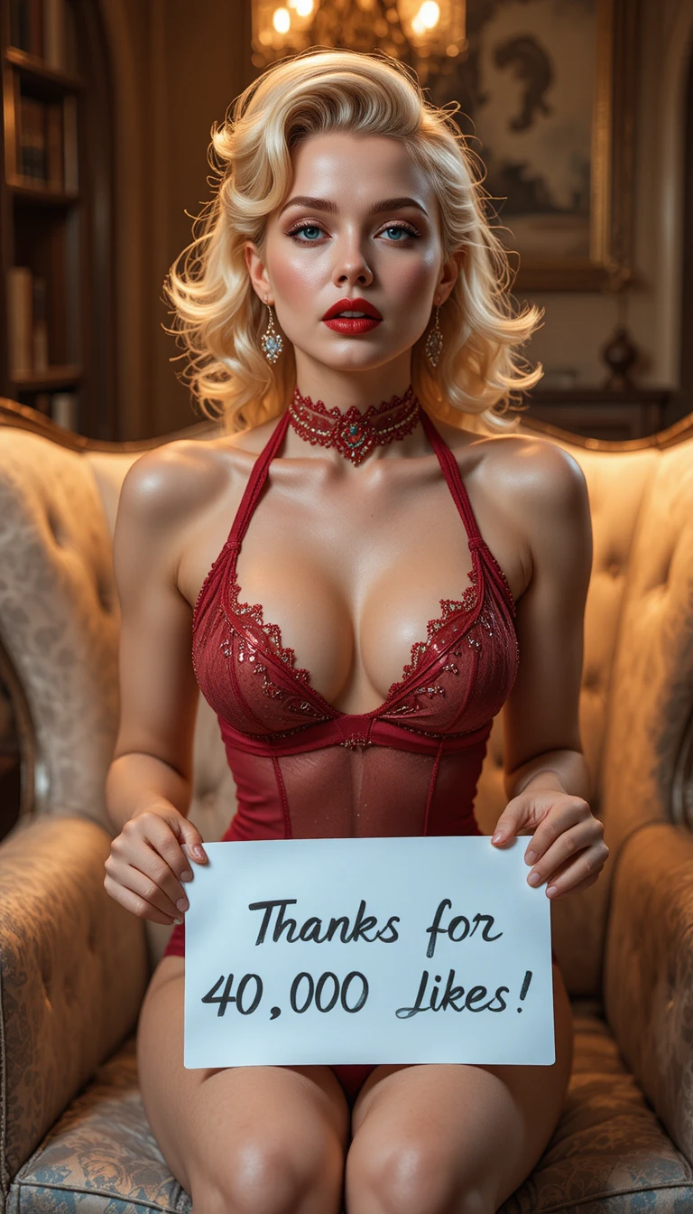Sensual blonde woman in red bridal lingerie on chair