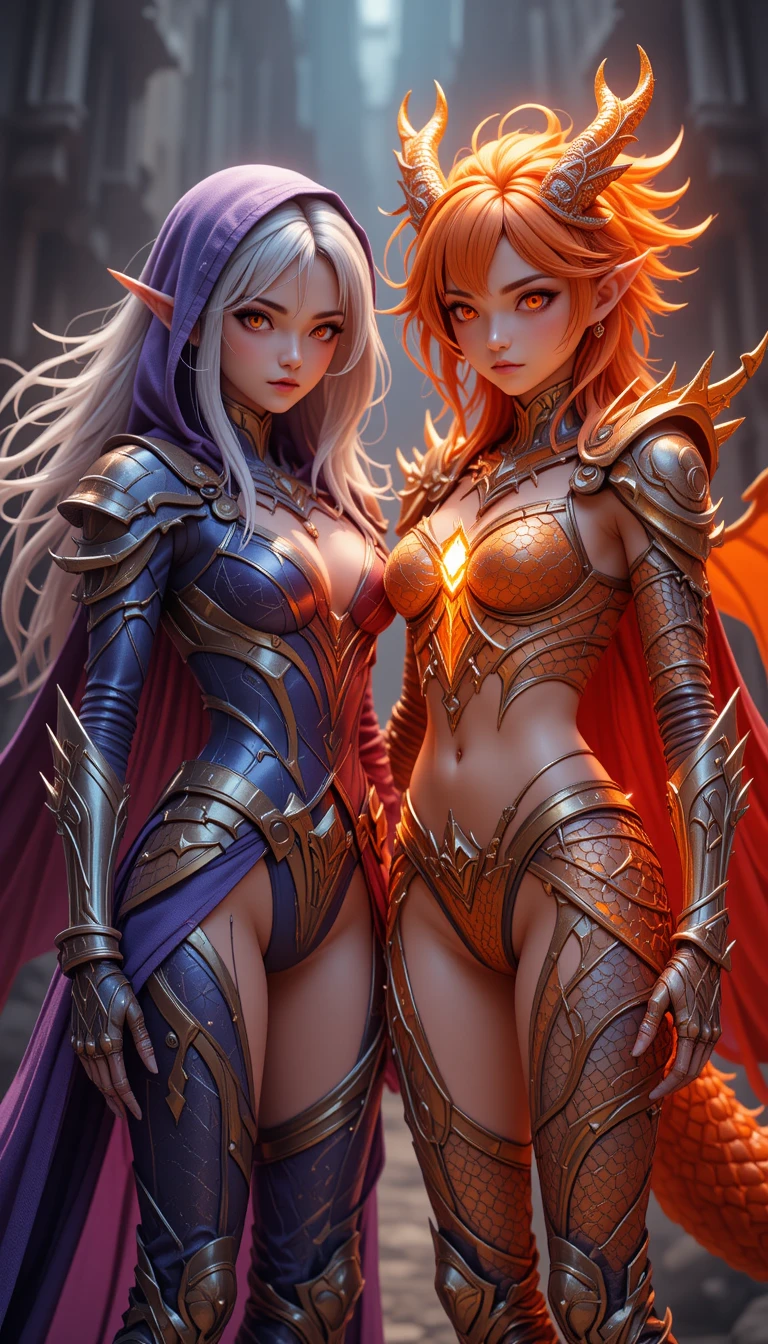 Two fantasy warrior women with dragon and night elf powers