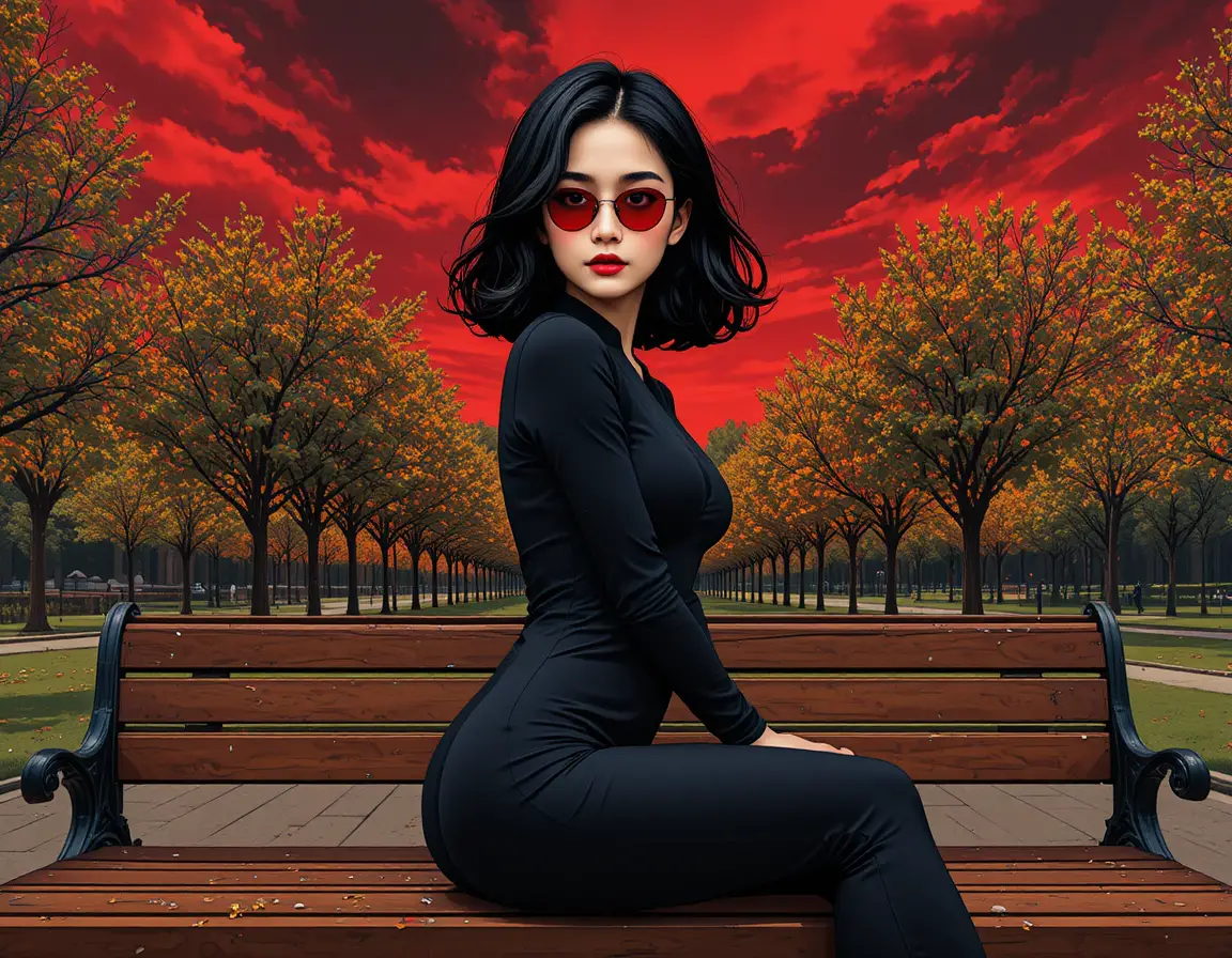 Elegant woman on a park bench under a red sky