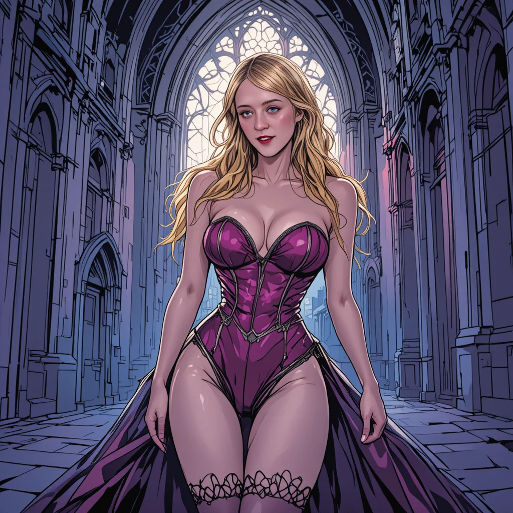 Glamorous gothic woman in lingerie inside a vast cathedral