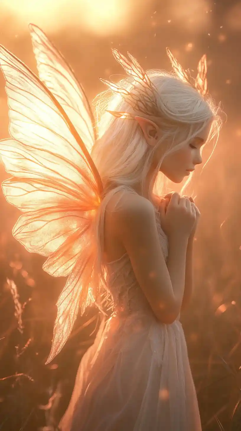 Young fairy girl in a dreamy sunset meadow