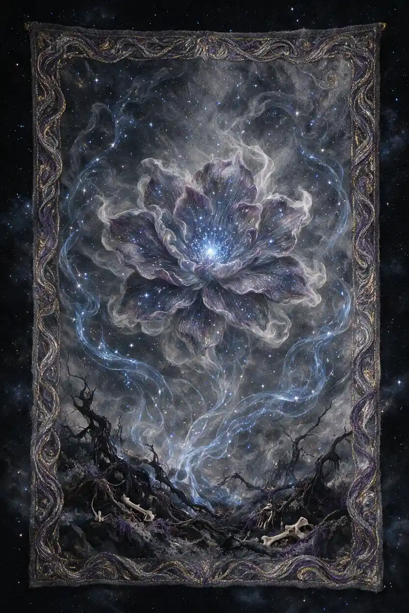 Abstract form woven from smoke against a starlit void