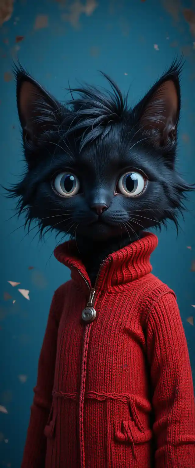 Black cat with white eyes on vibrant blue background