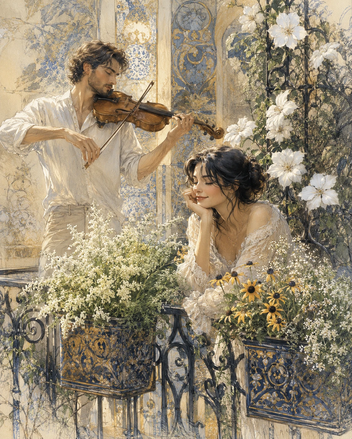 Man Playing Violin On Flower Filled Balcony Close Up