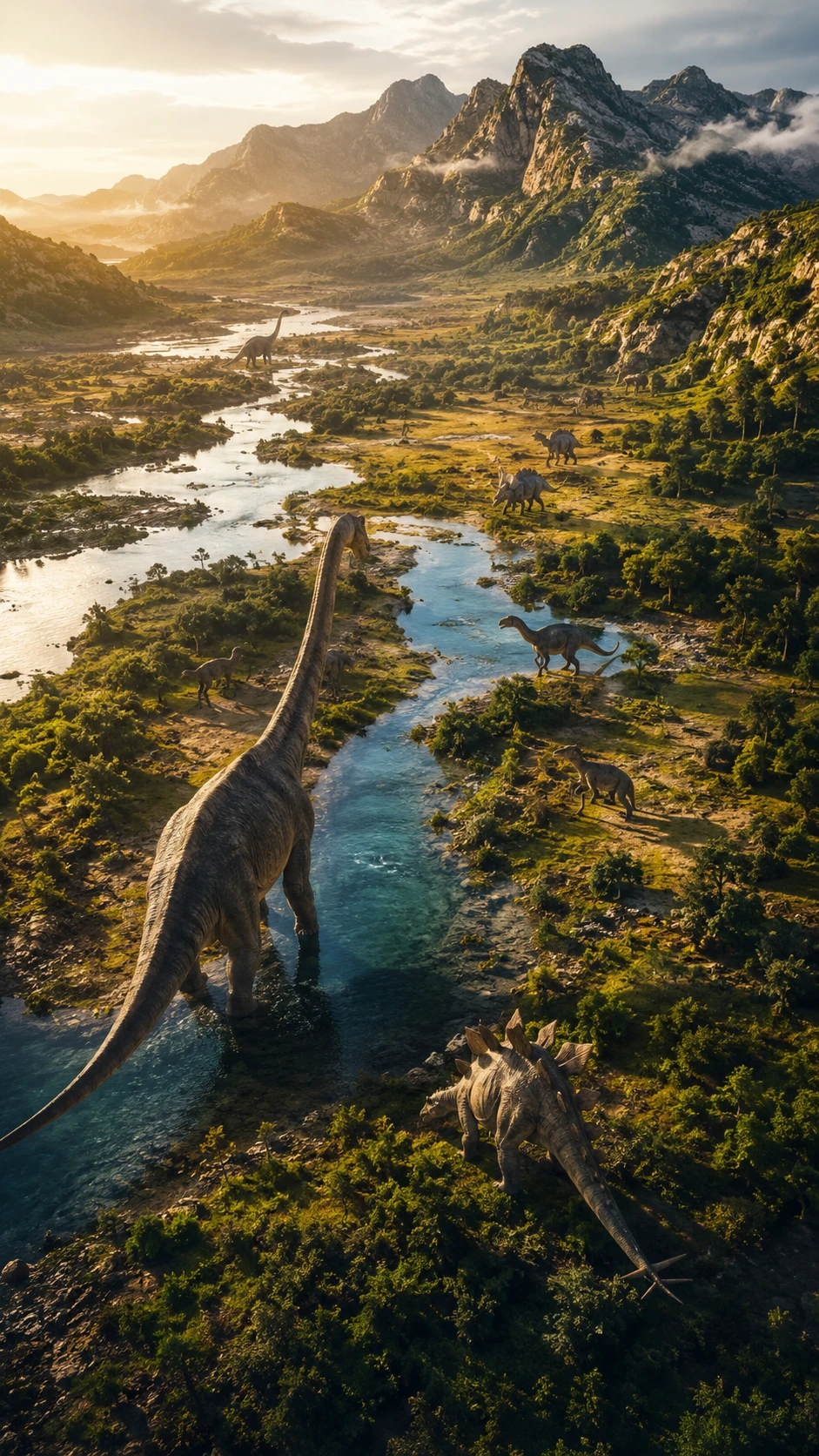 Vista aérea de dinosaurios recorriendo tierras prehistóricas