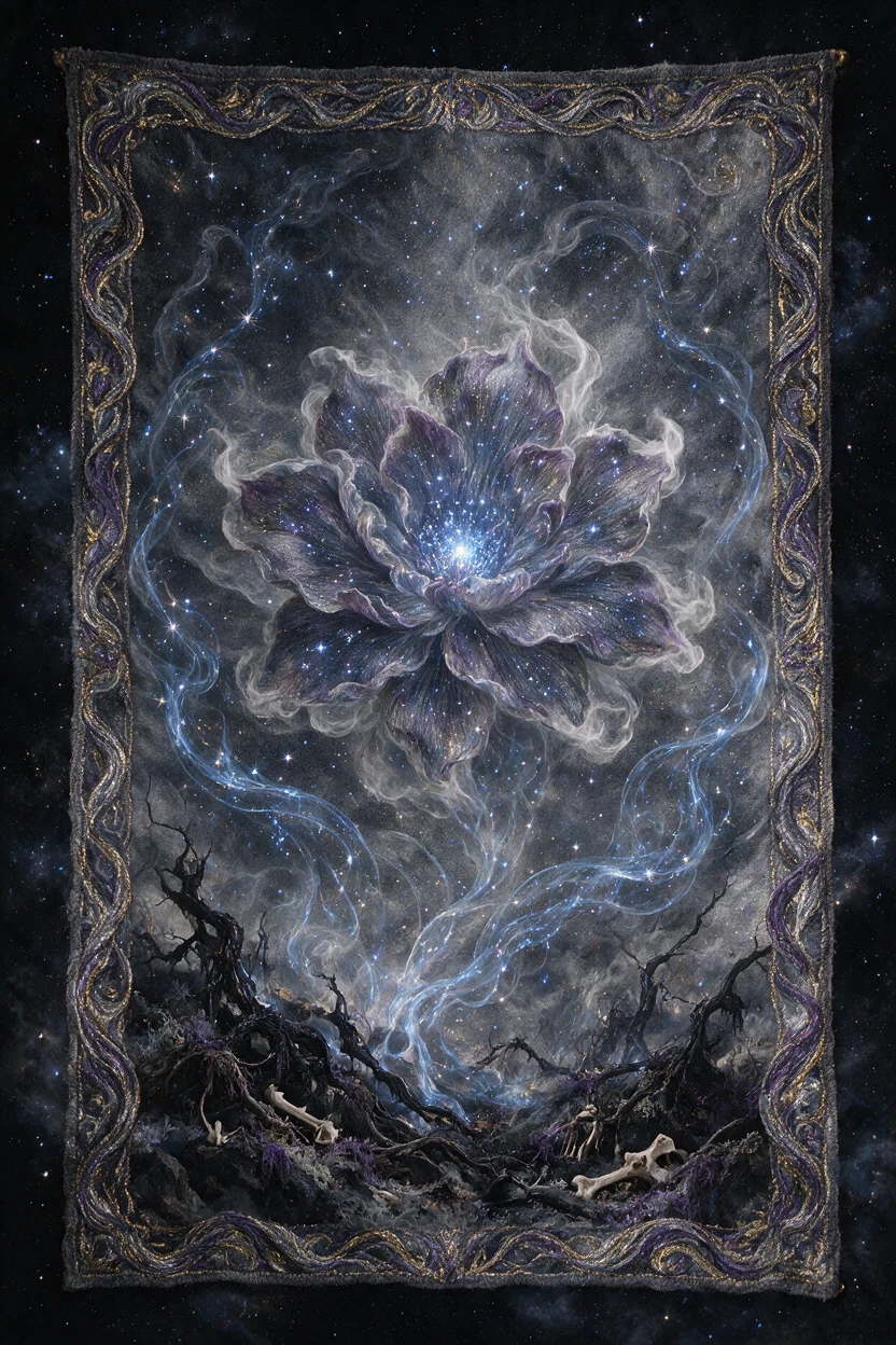 Abstract form woven from smoke against a starlit void