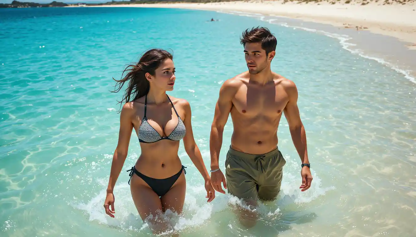 Young couple walking in shallow turquoise water at the beach