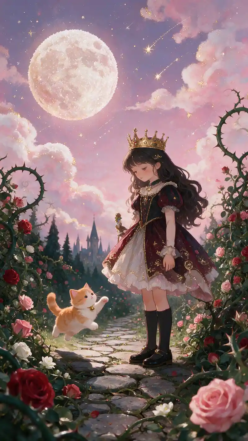 Silly cat skipping beneath a sugar moon and candy sky