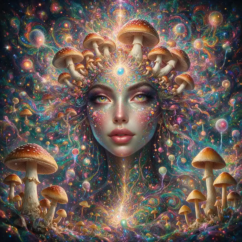 Psychedelic goddess in a surreal fractal mushroom realm
