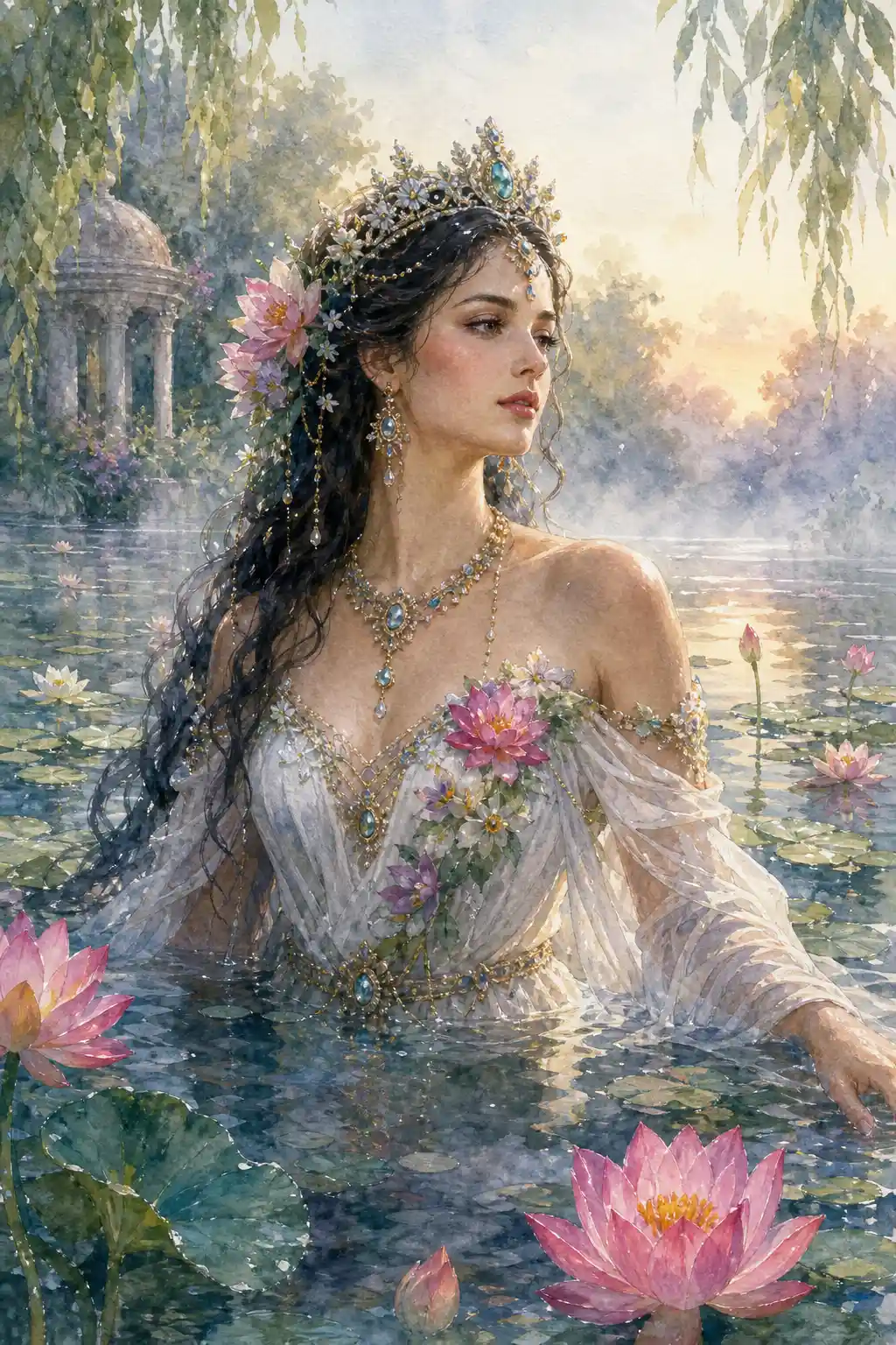 Watercolor portrait of a regal woman in a tranquil pond