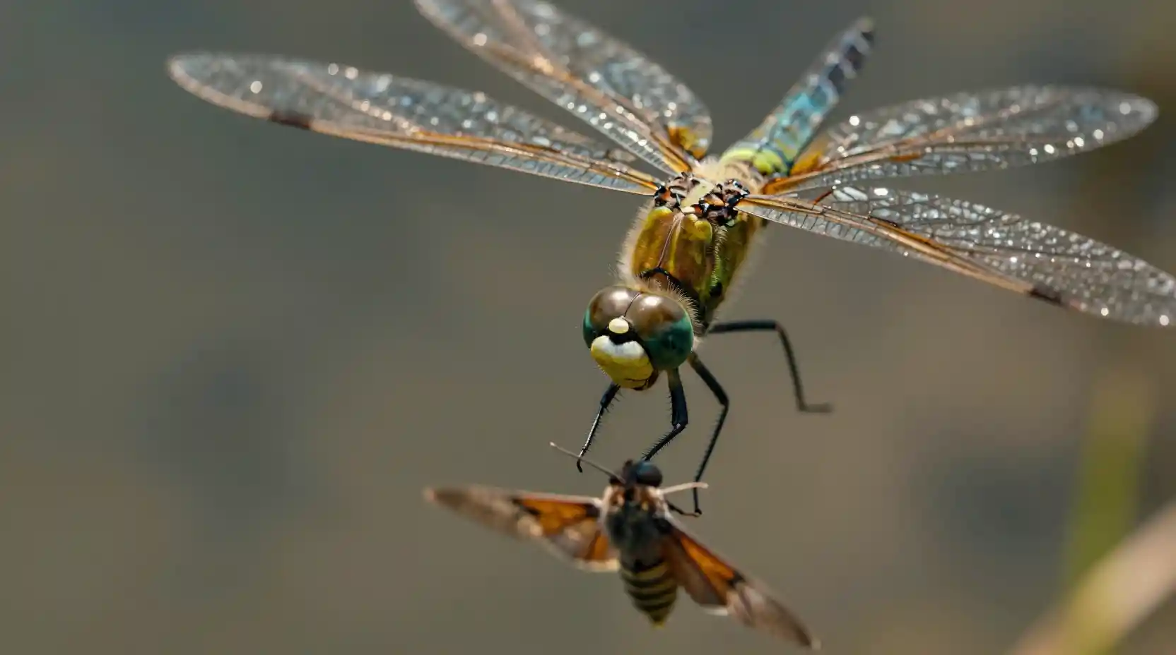 Top down macro view of a dragonfly chasing prey