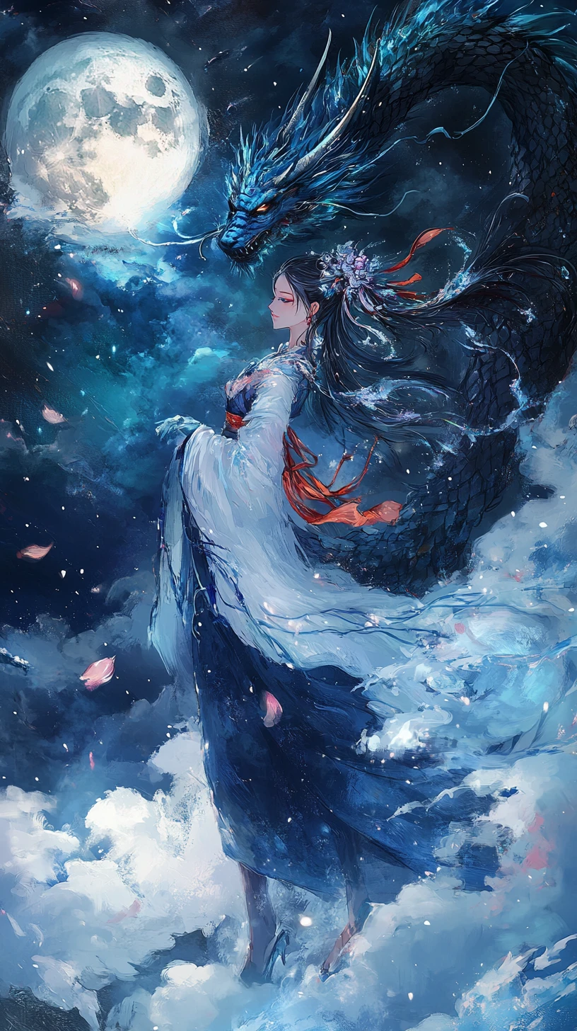 Asian dragon and anime girl in a moonlit night sky