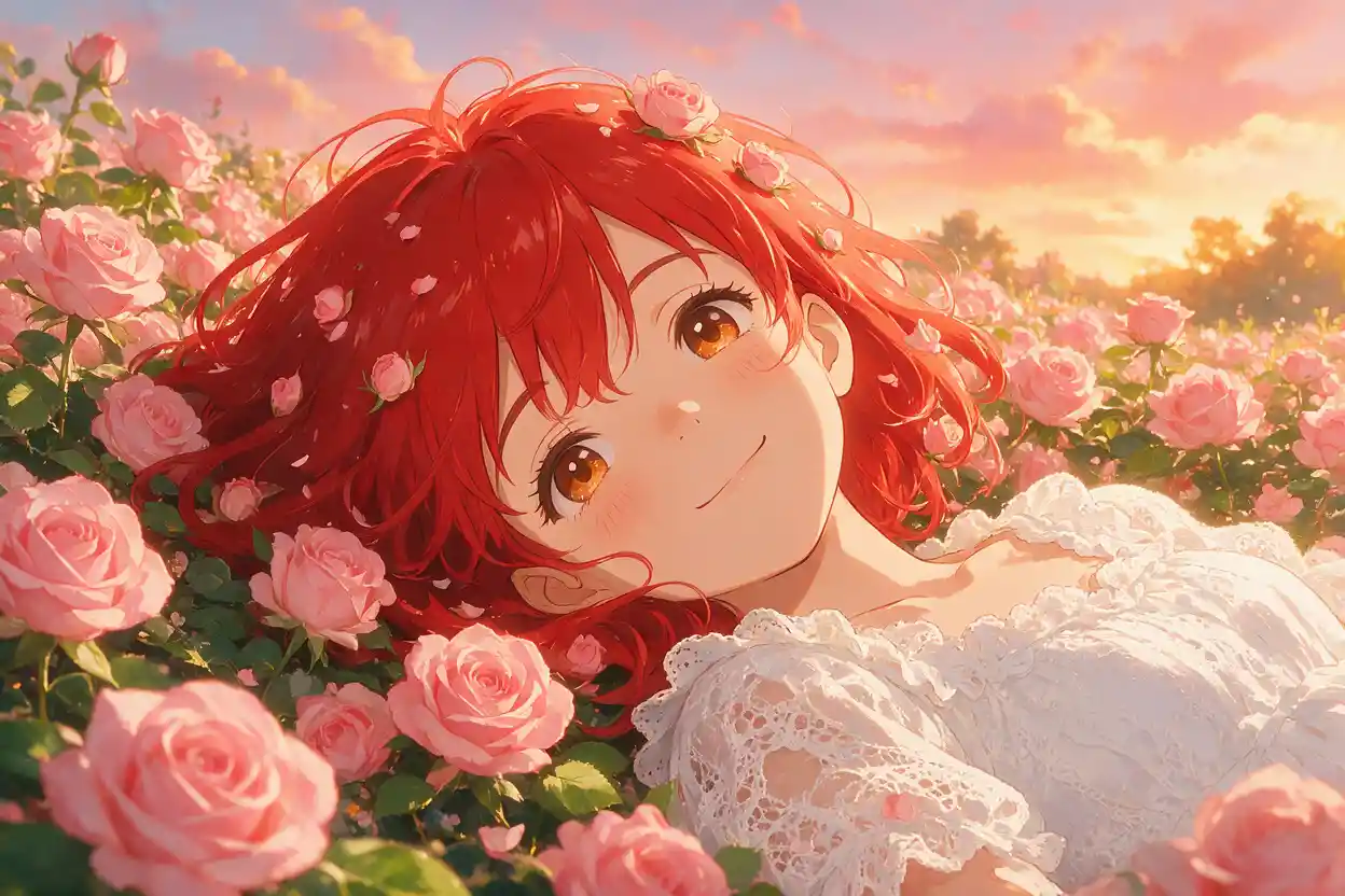 Anime girl resting in a dreamy bed of roses