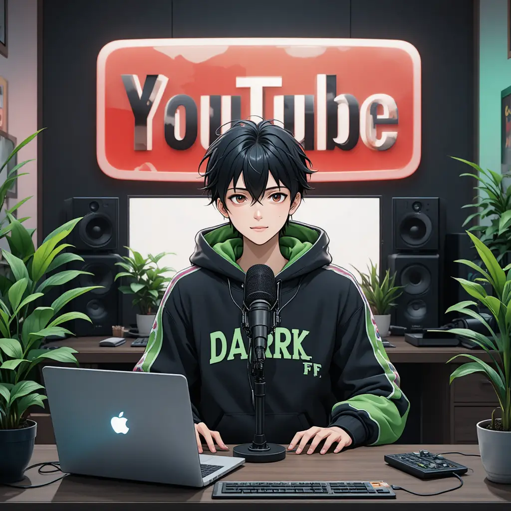 Anime boy streaming at computer desk with microphone