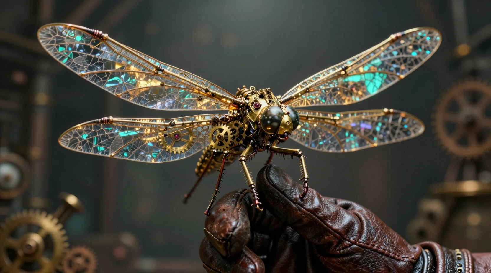 Mechanical dragonfly resting on a leather gloved finger