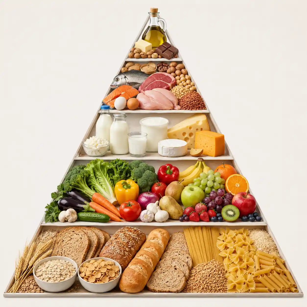 Colorful food pyramid illustrating balanced dietary food groups