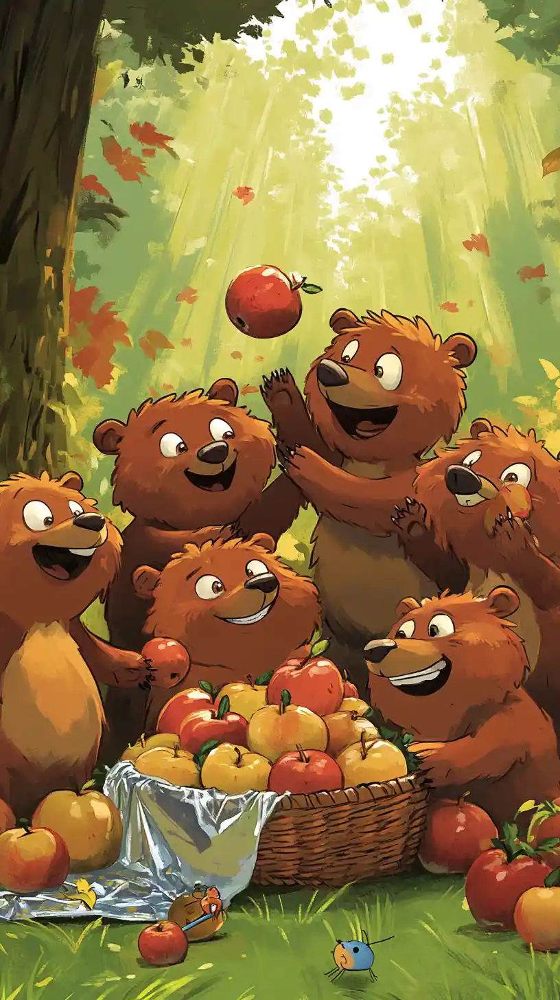Playful Cartoon Bears Harvesting Apples In A Green Meadow