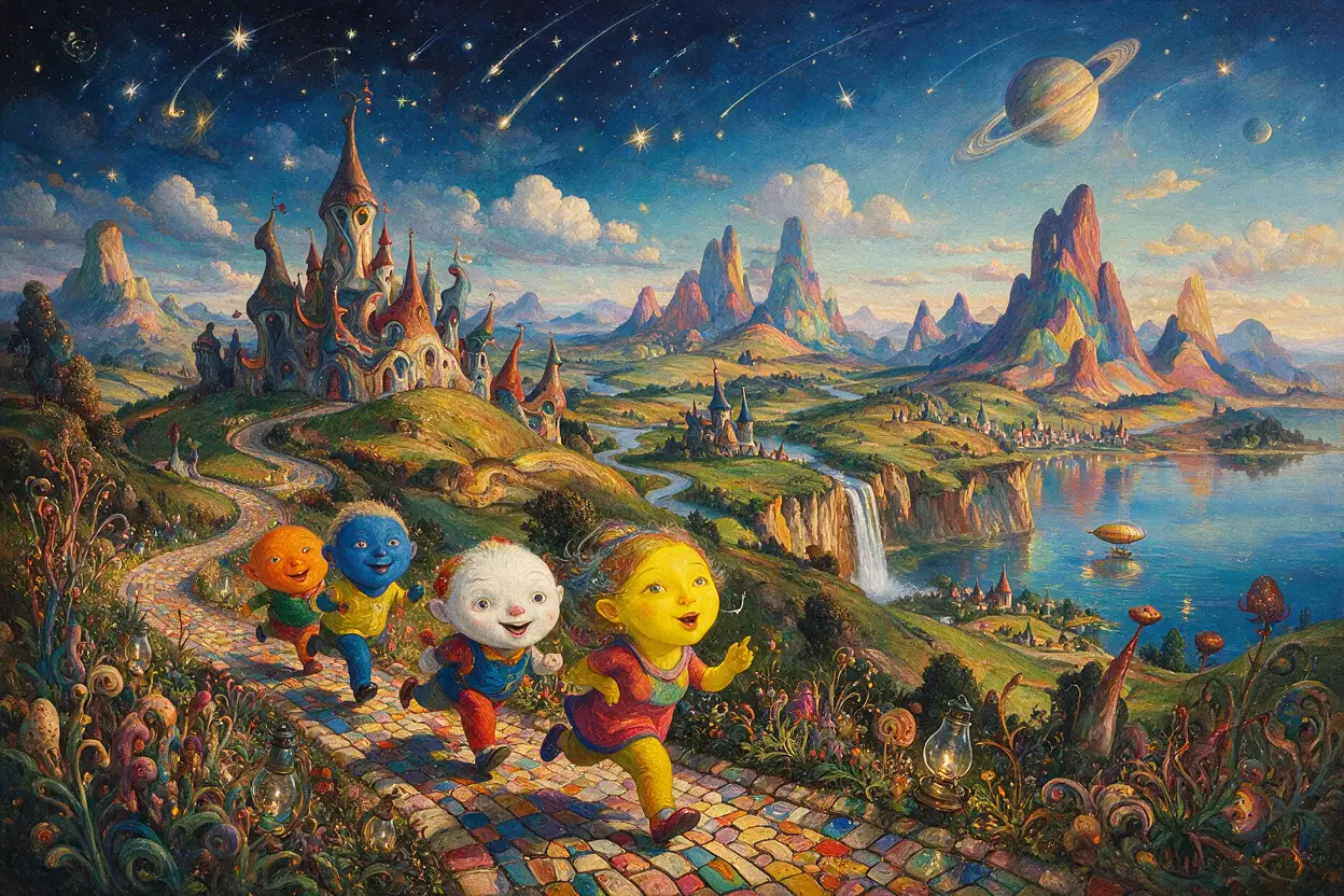 穿行夢幻景色的愉悅超現實女子