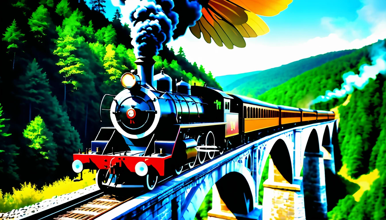 Surreal steam train with monarch wings over forest viaduct