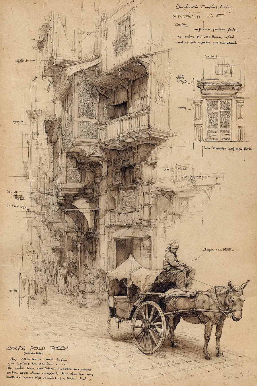 Old Cairo street with donkey cart in architectural sketch