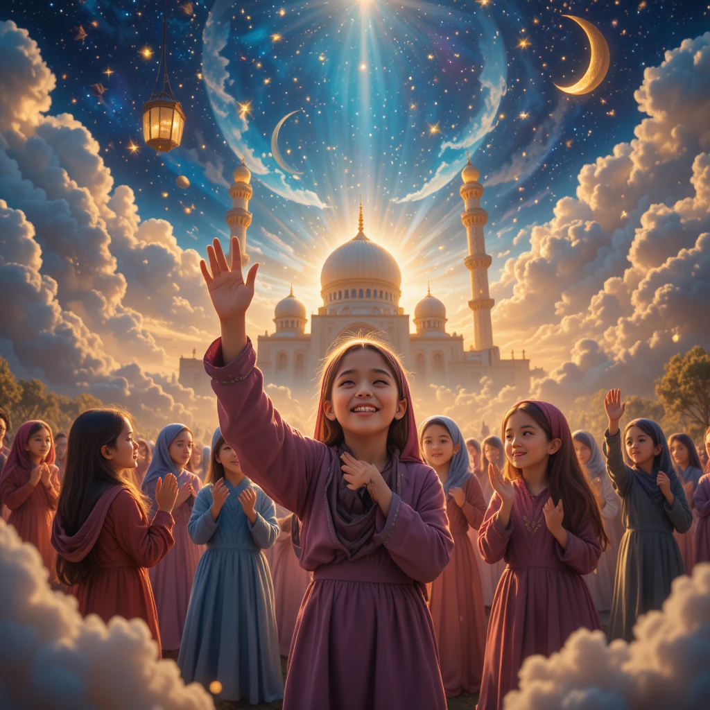 Muslim children praying together under a glowing celestial sky