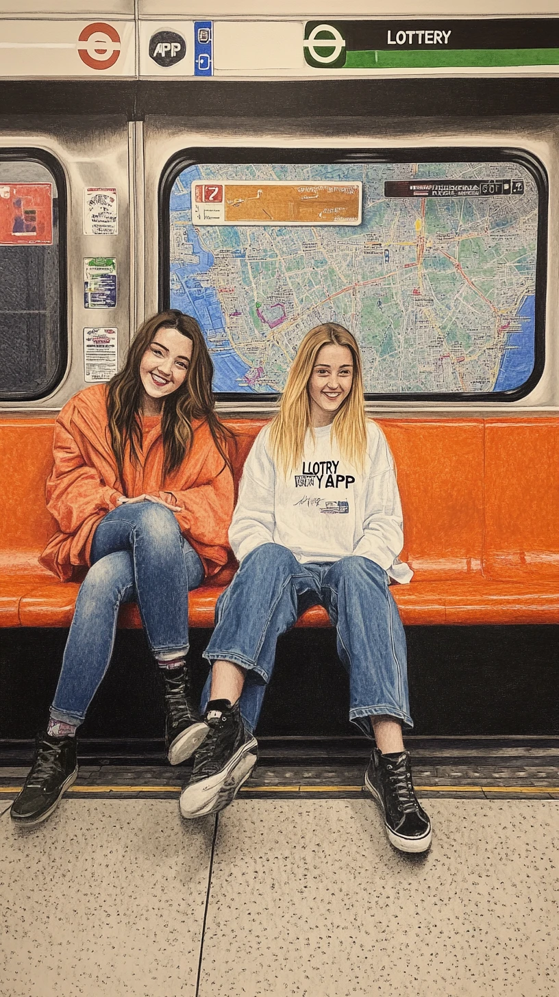 Three young women chatting on an orange subway seat