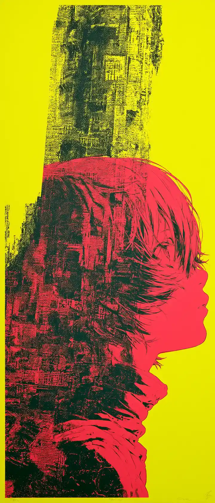 Anime profile over ruined futuristic city in neon yellow