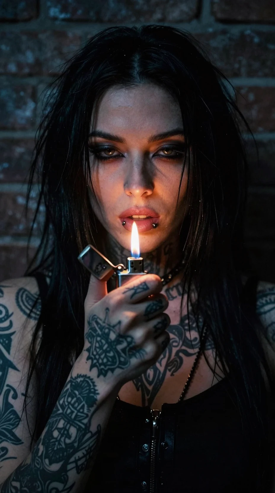 Tattooed rockstar woman lit by a small lighter flame