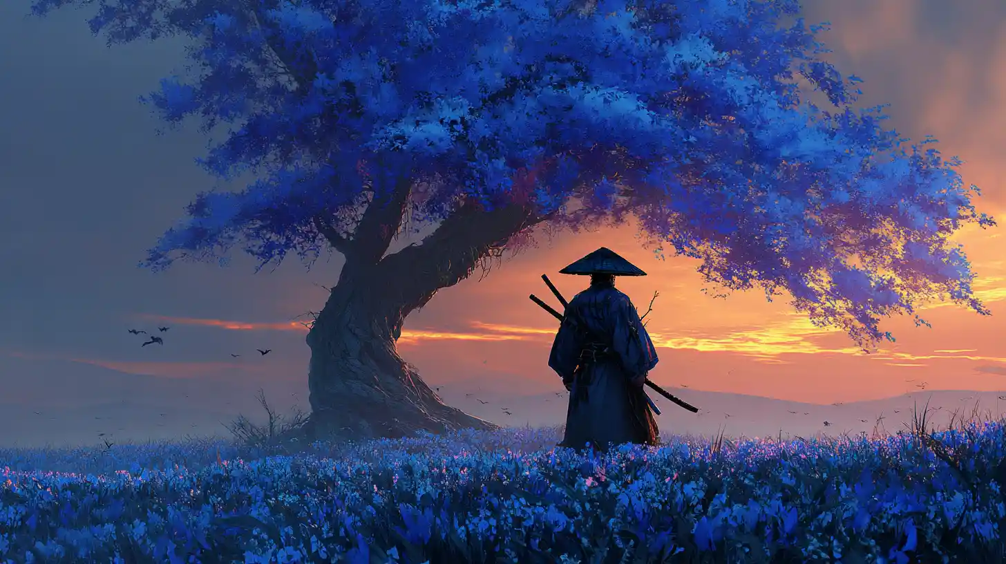 Mysterious samurai warrior in blue flower field at sunset
