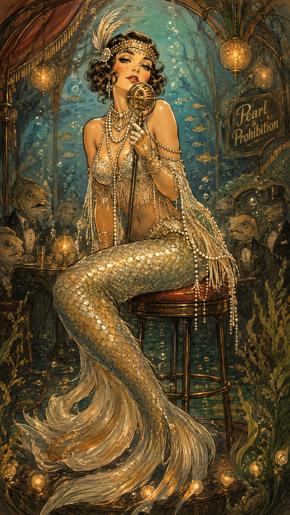 Flapper mermaid pin up on an underwater speakeasy stage