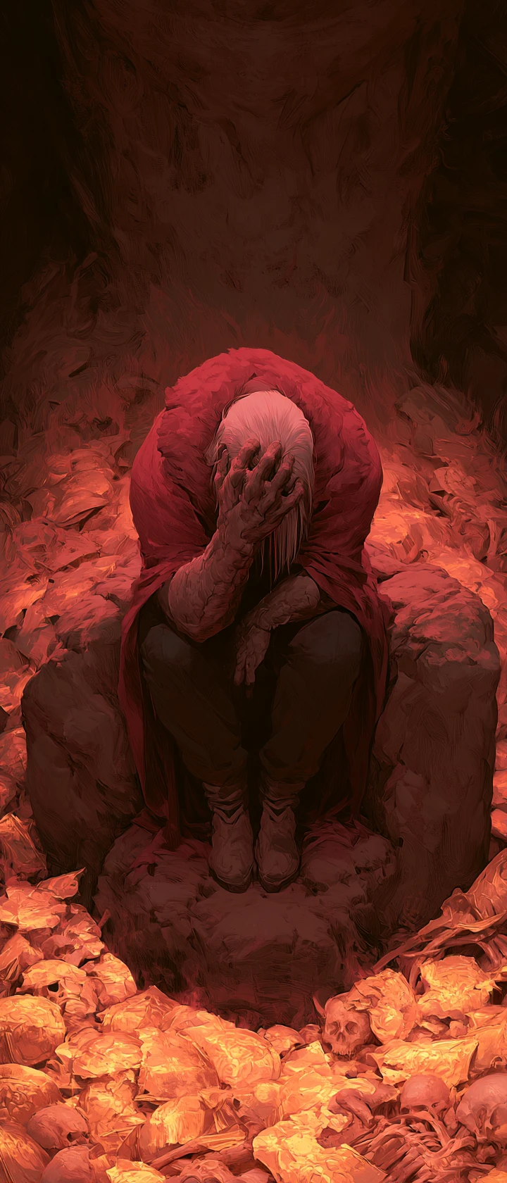 Anime conqueror on a stone throne in dark fantasy ruin