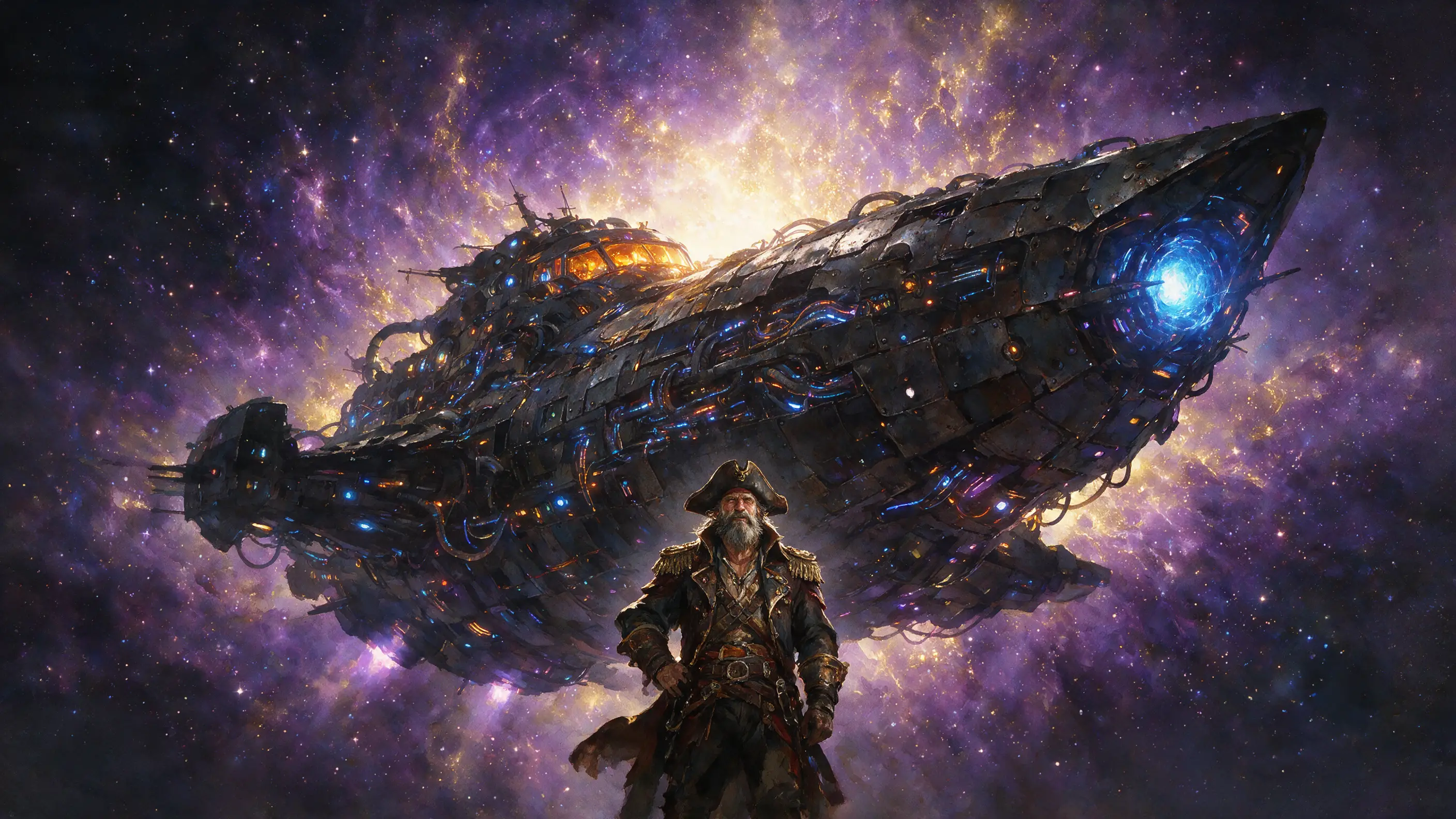 Space pirate captain before a colossal starship nebula