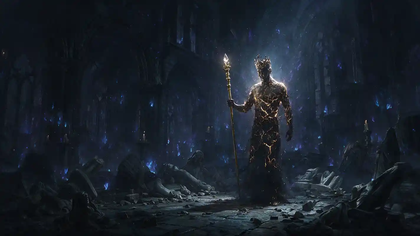 Figure lit by borrowed fire in a dark void