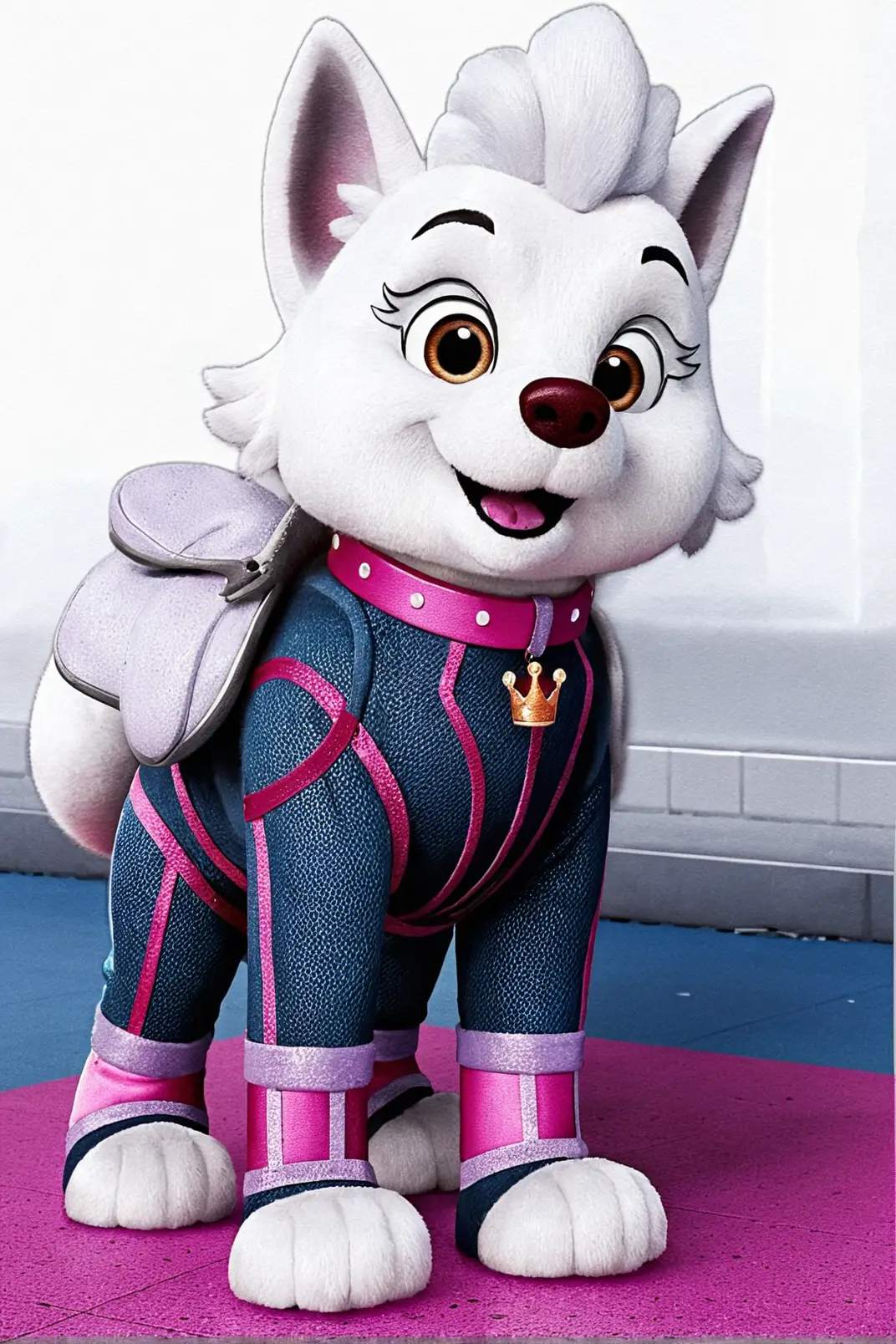 Dog mascot princess posing at a colorful fantasy castle