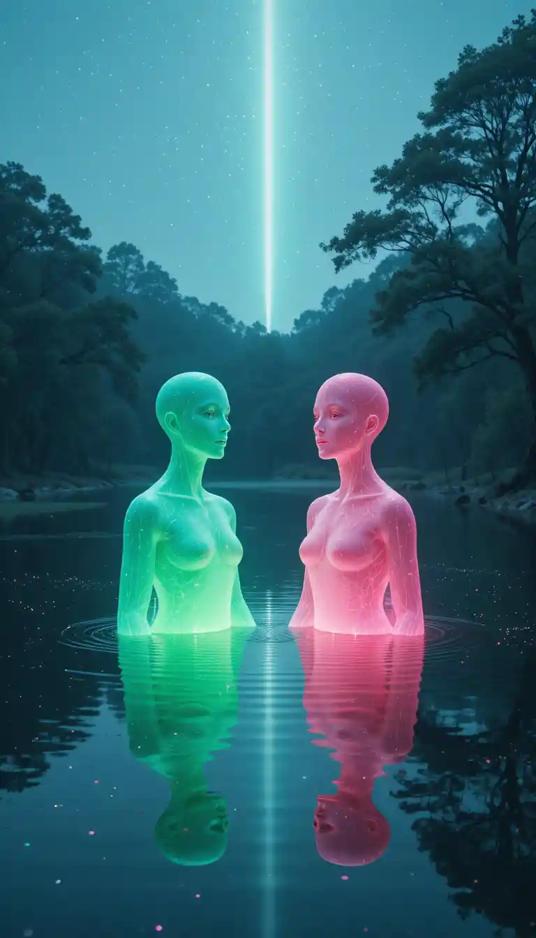 Luminous beings beside a translucent star reflected lake