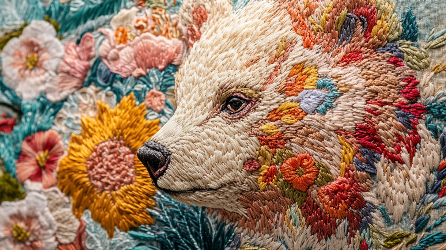 Baby bear portrait with floral embroidered details