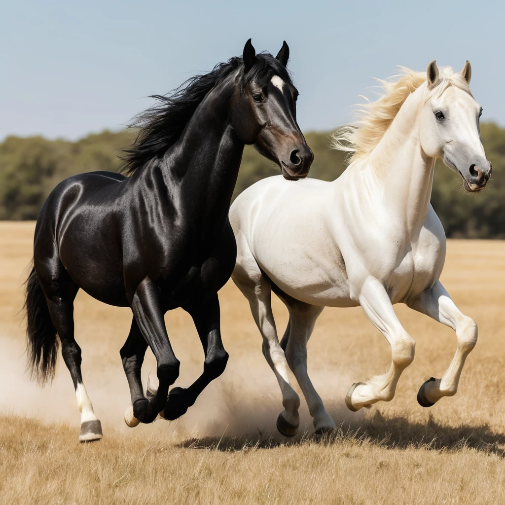 Four horses trotting toward the viewer in dry grass