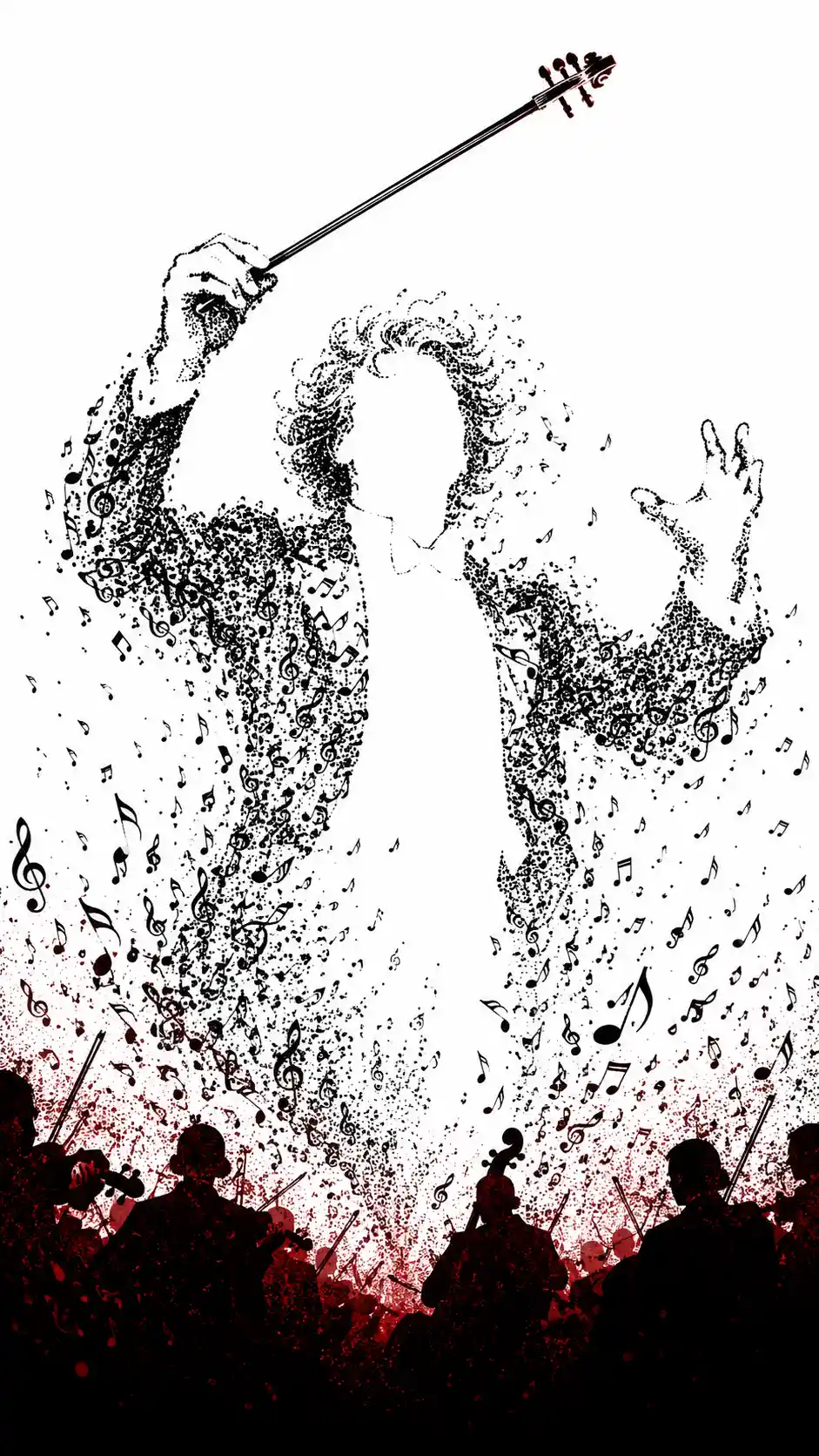Orchestra conductor silhouette shaped by swirling musical notes