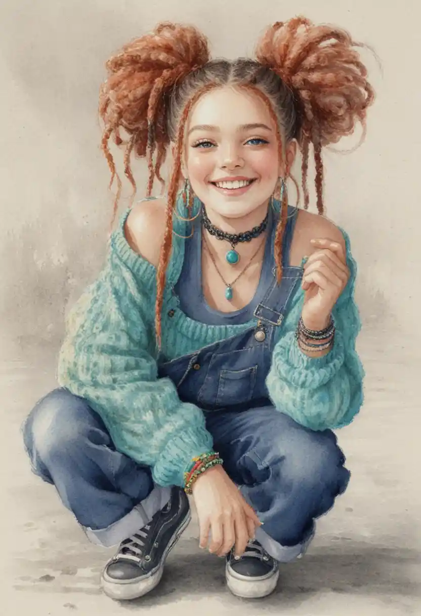 Playful girl with blue dreadlocks crouching on urban pavement